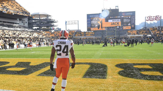 Jan 8, 2023; Pittsburgh, Pennsylvania, USA; Cleveland Browns running back Nick Chubb (24) before playing the Pittsburgh Steelers at Acrisure Stadium. Mandatory Credit: Philip G. Pavely-USA TODAY Sports